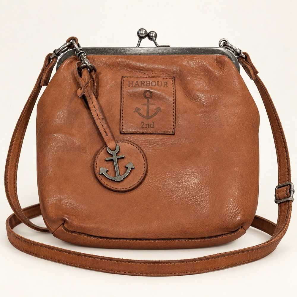 Harbour 2nd Crossbody Bag Small Cognac Leather Kiss Lock Anchor Nautical Boho